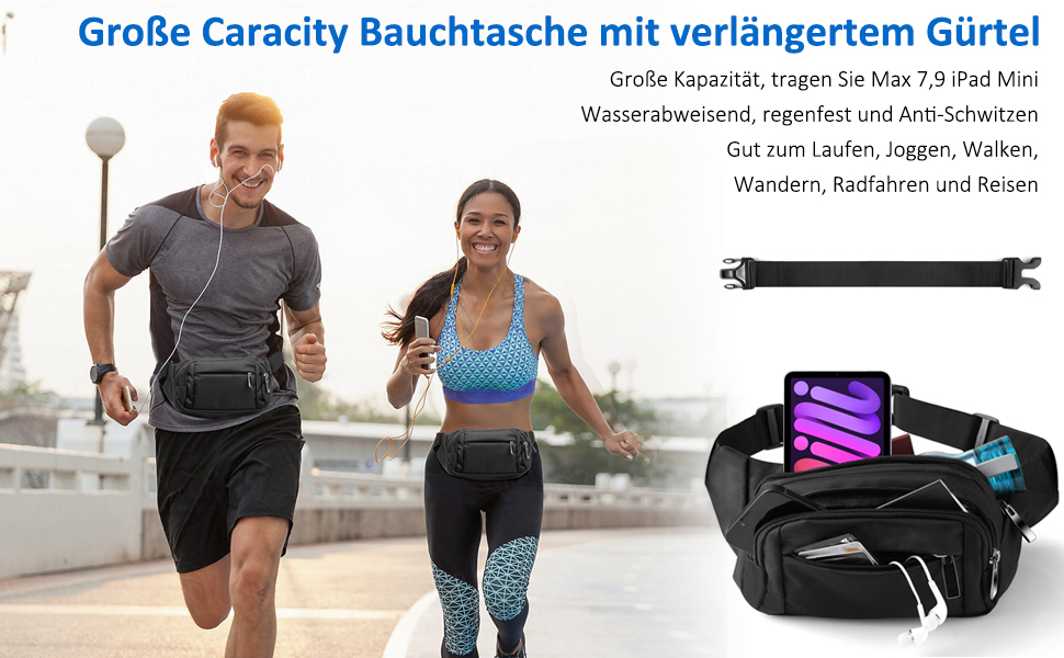 Чоловіча та жіноча поясна сумка-бананка на пояс з великою місткістю, чорна, для iPad mini та iPhone 12 Pro Max