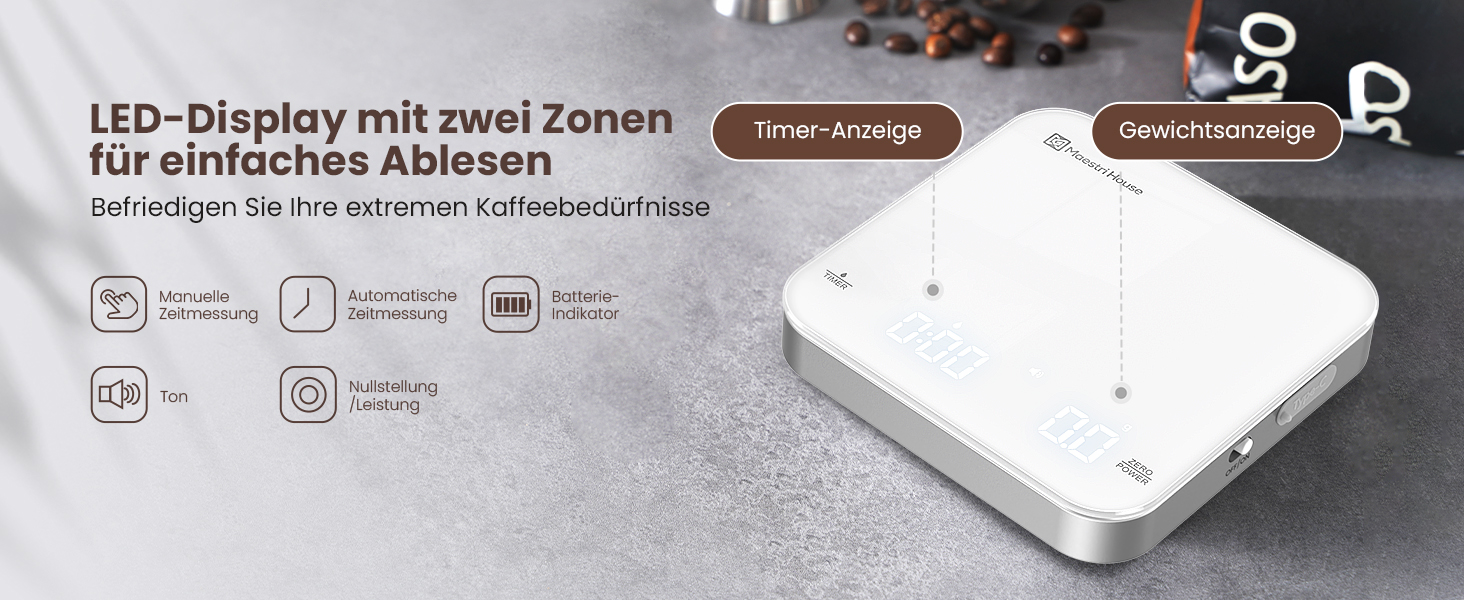 Maestri House Mini Espresso Scale with Timer - Rechargeable 2kg/0.1g Digital Kitchen Scale for Espresso & Pour Over Coffee - Portable & Accurate