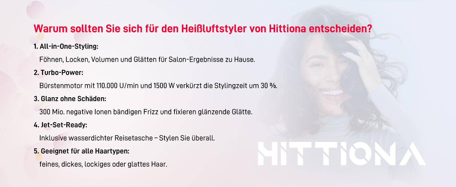 HITTIONA Airstyler 5 в 1: фен, плойка для локонів Auto-Wrap, іонізація, швидка сушка, захист від тепла, для створення локонів та шовковистого волосся, з чохлом, колір - полуниця
