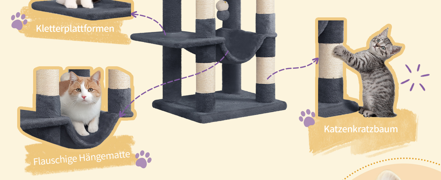 Дерево для котів Hzuaneri, 149 см, з 5 стовпчиками для шліфування, великими платформами, гніздом-хованкою, багатоярусне, з помпонами, MS14918LG (темно-сірий)