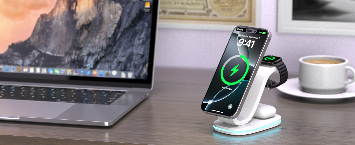 Зарядний пристрій Aimtel Schwanenhals 3-в-1 Qi2 MagSafe для Apple Watch, iPhone 17 Pro Max/17/16/15 та AirPods (30W) білий