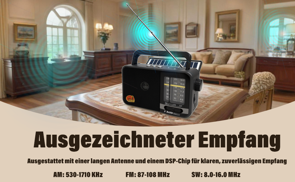 Портативна радіоприймач Klein з сонячною панеллю та акумулятором 1200mAh, AM/FM/SW, 8W динамік, TWS/USB/TF, для кемпінгу, надзвичайних ситуацій та відпочинку на природі (сірий)