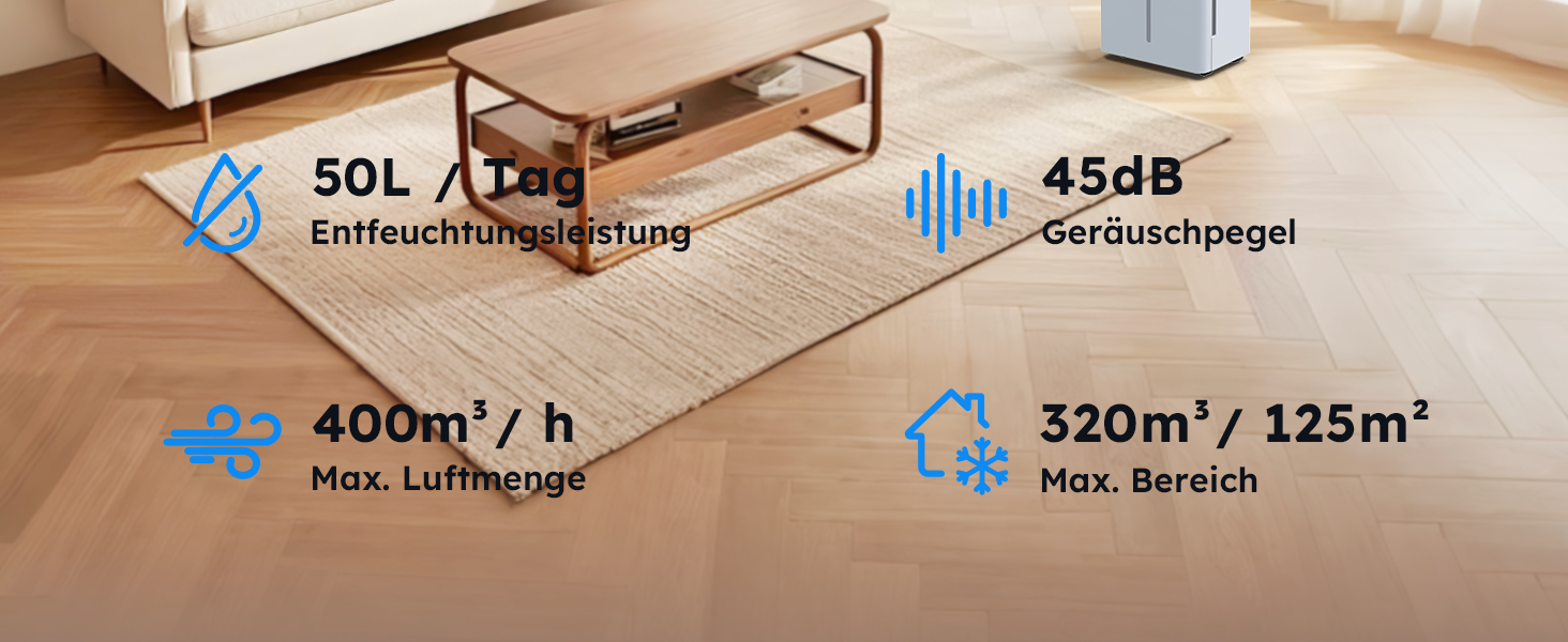 Електричний осушувач повітря 50L/24H для підвалу та приміщень до 125 м², з таймером, шлангом та фільтром, гарантія 10 років Gar