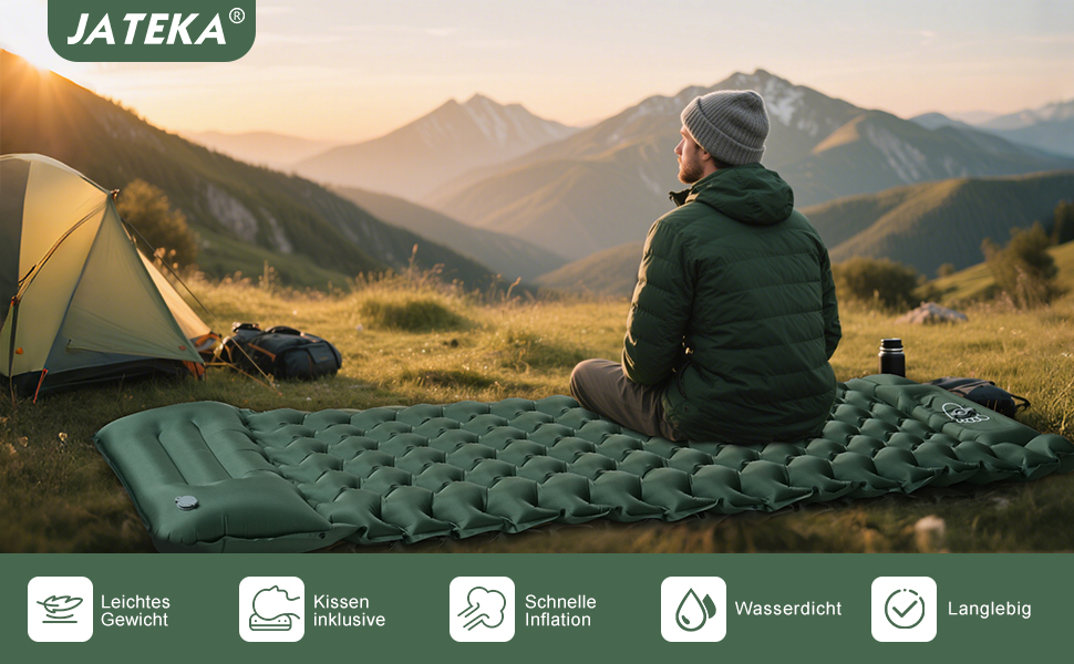 JATEKA Self-Inflating Sleeping Pad - Ultralight Camping Mat with Pillow & Foot Pump - Compact Sleeping Pad for Backpacking, Hiking, Travel & Tent Use