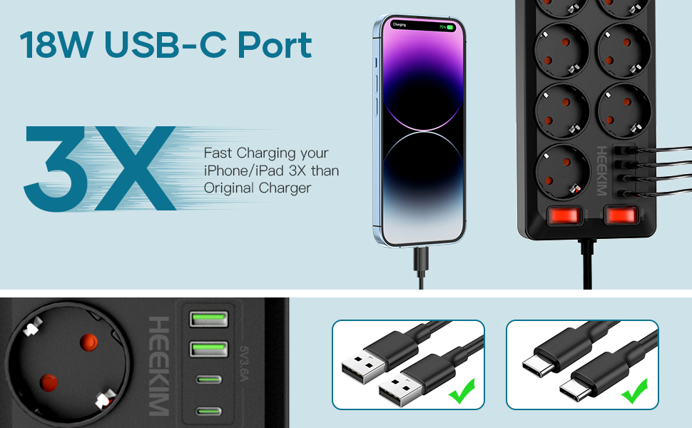 Многорозетка з USB, 11 розеток, з вимикачем, 2 USB-A та 2 USB-C порти, 4000W, 16A, 2M кабель, для дому, школи, офісу - Чорний