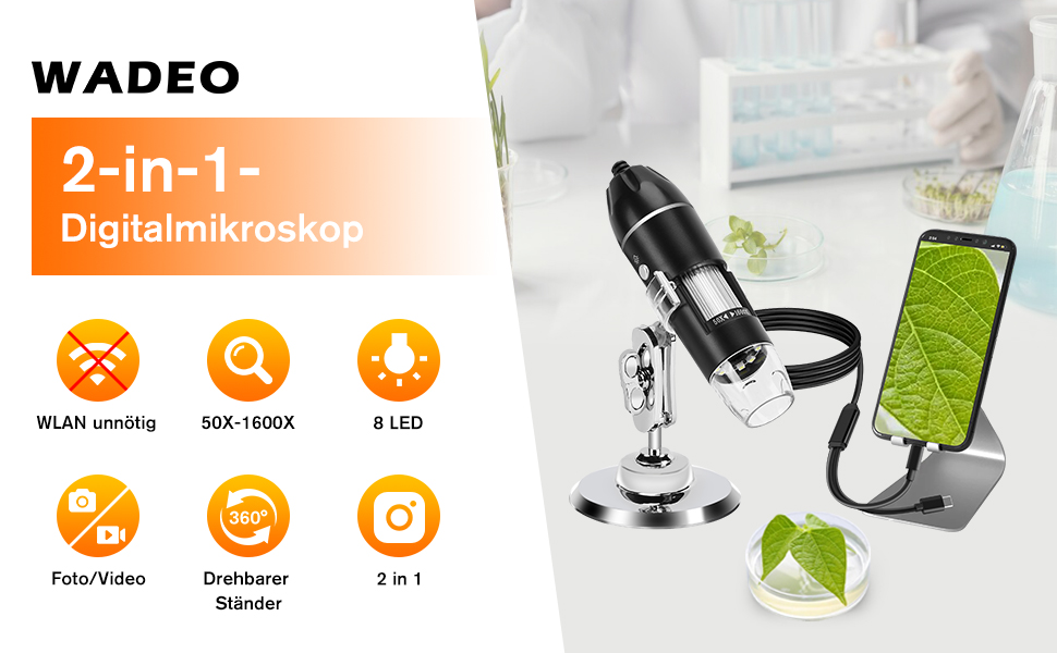 Цифровий мікроскоп WADEO 1440P HD з 50x-1600x збільшенням, USB, 8 LED, для iOS/Android, з підставкою