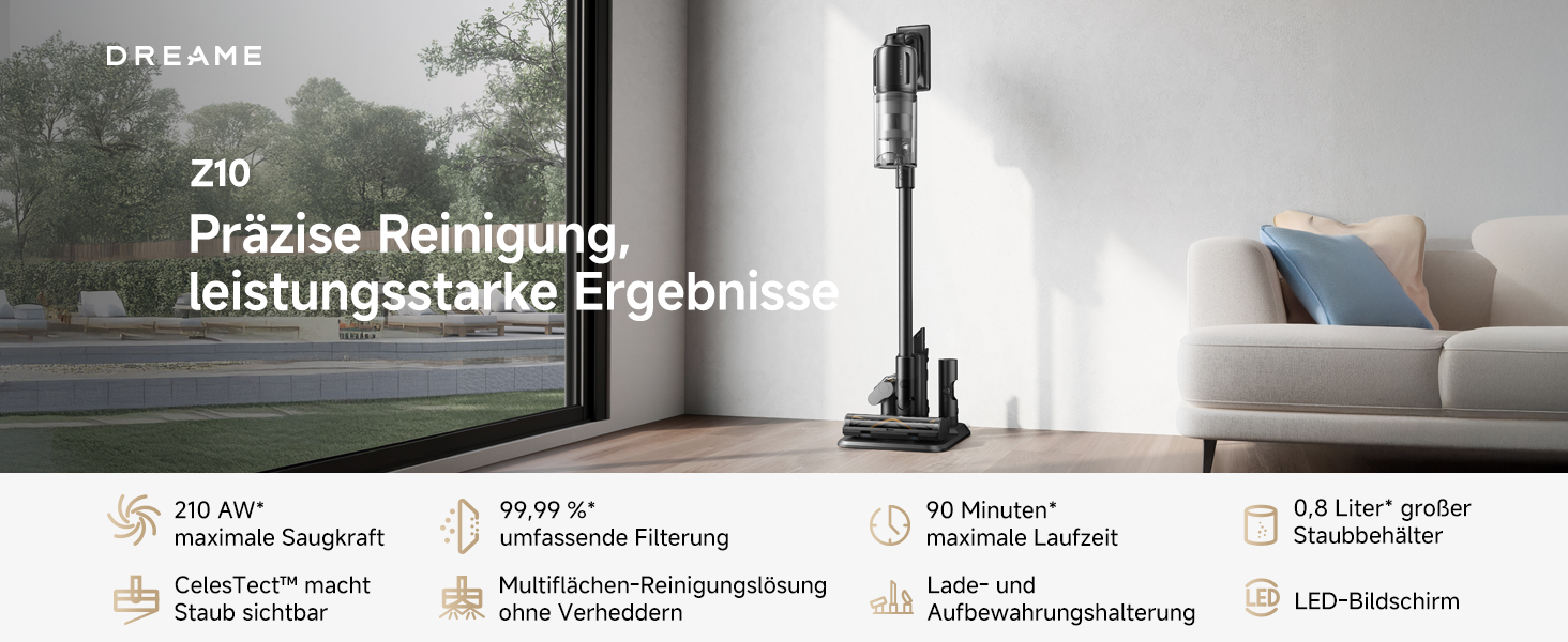 Dreame Z10 - Бездротовий пилосос з потужністю 190AW, LED-дисплеєм та функцією розпізнавання бруду, синій LED, для прибирання дому, шерсті тварин та килимів