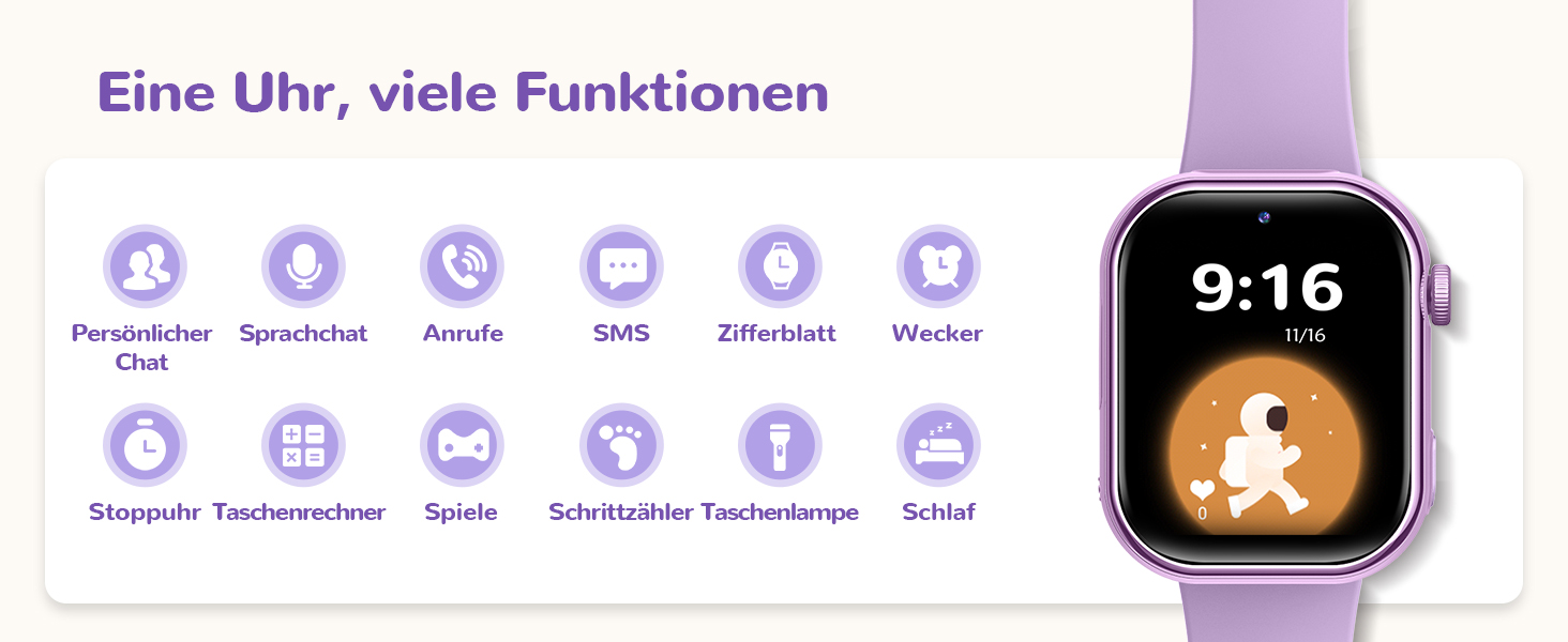 Дитячий розумний годинник зі GPS та телефоном, IP68, відеодзвінки, SOS, режим навчання, чат, SMS, ліхтарик, крокомір, будильник, годинник для дівчаток та хлопчиків, фіолетовий