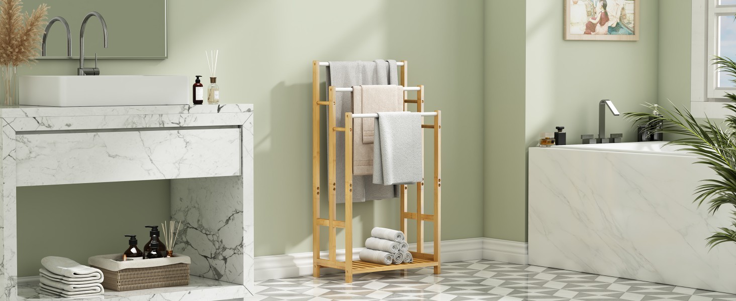 Підставка для рушників Dripex з бамбука, 96 см, з 3 нержавіючими стійками та полицею для ванної кімнати