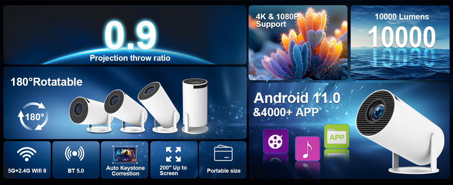 Міні-проектор Video-Beamer 4K/1080p Full HD з WiFi 6, BT5.2 та автоматичною корекцією трапецеїдальних спотворень. Сумісний з Android, Netflix, HDMI, USB, PS5. Ідеальний для домашнього кінотеатру.