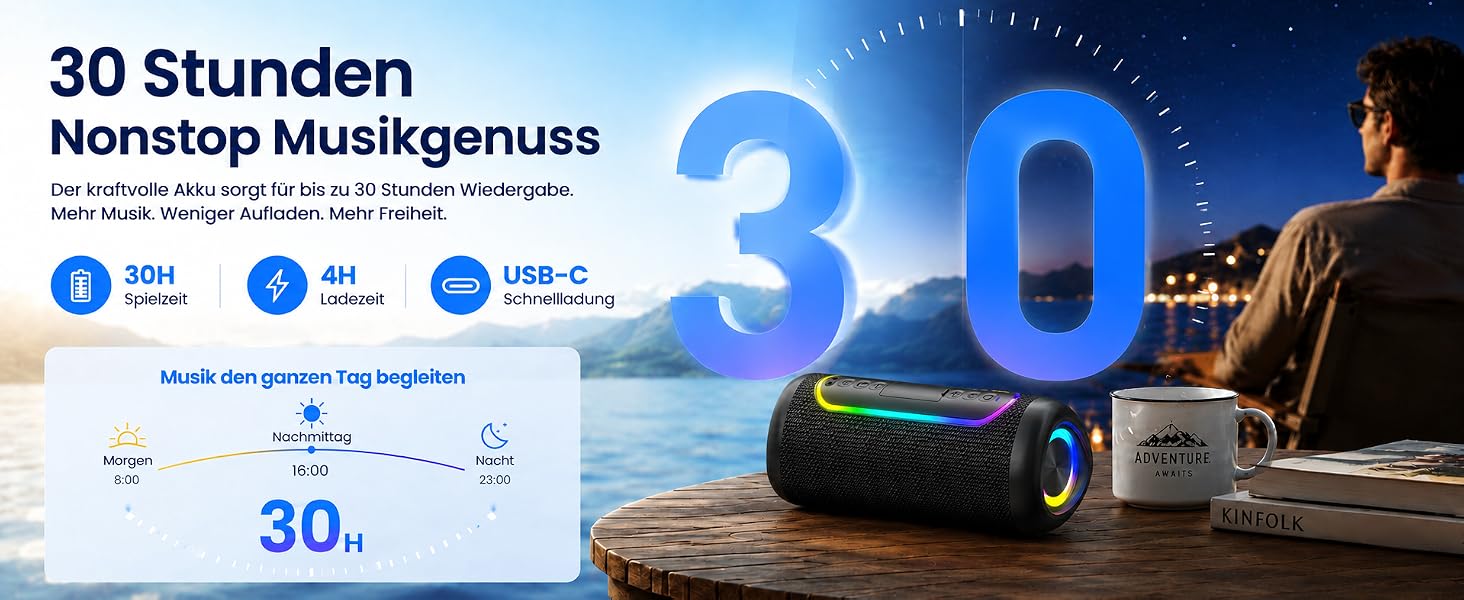 Портативна Bluetooth колонка UOHHBOE 30W, чорна: музика до 30 годин, RGB підсвічування, IPX5 водонепроникність