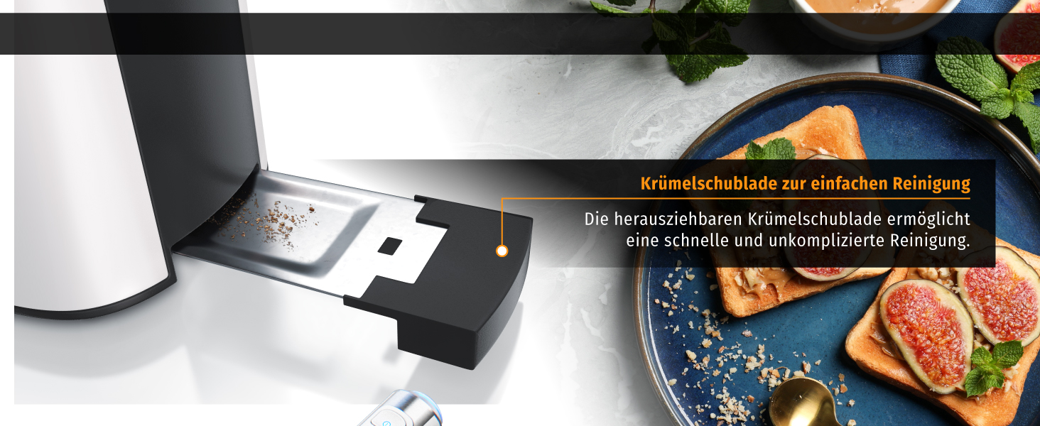 Тостер Arendo з 2 слотами, білий матовий, 1000W, з підігрівом для булок, 6 рівнів підсмажування, дисплей, функція розморожування, нержавіюча сталь