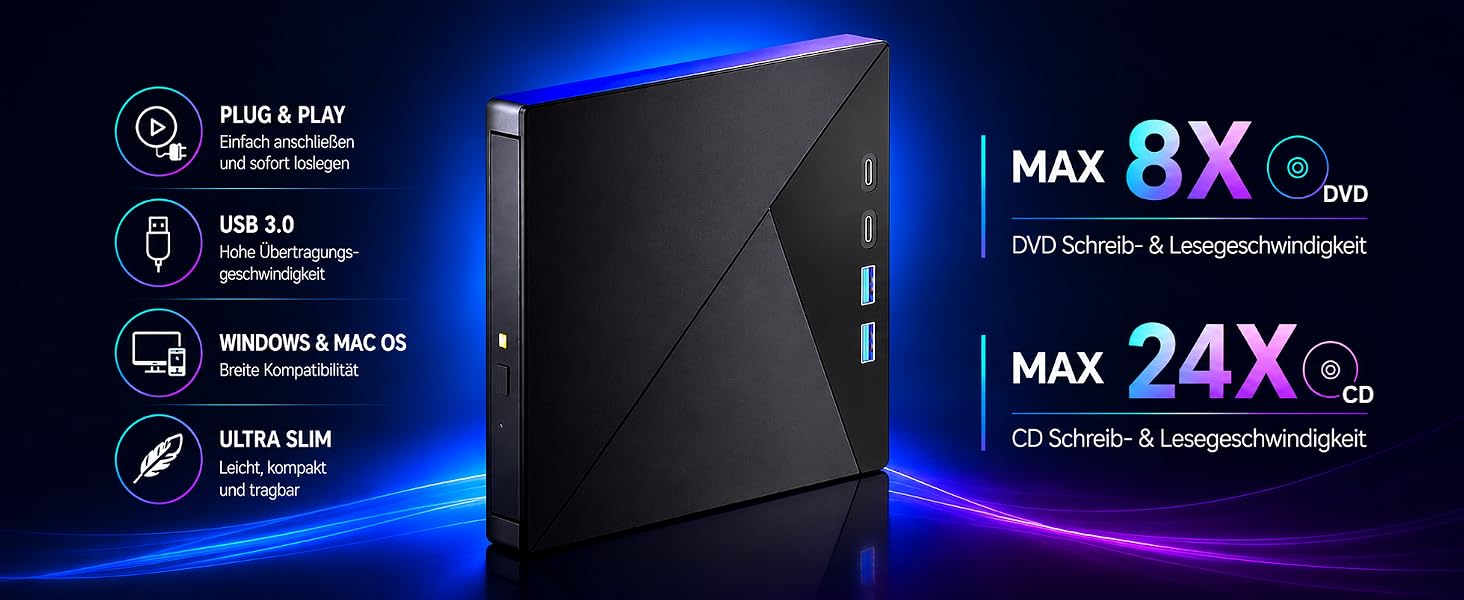 Зовнішній CD/DVD привід та записувач USB-C & USB-A з картридером TF/SD для ноутбука, Windows, Mac OS, Linux
