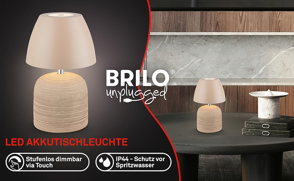 LED настільна лампа BRILONER бездротова IP44 з сенсором, диммуванням, керамічним цоколем, для дому та саду, 13,5x22 см, Бежева