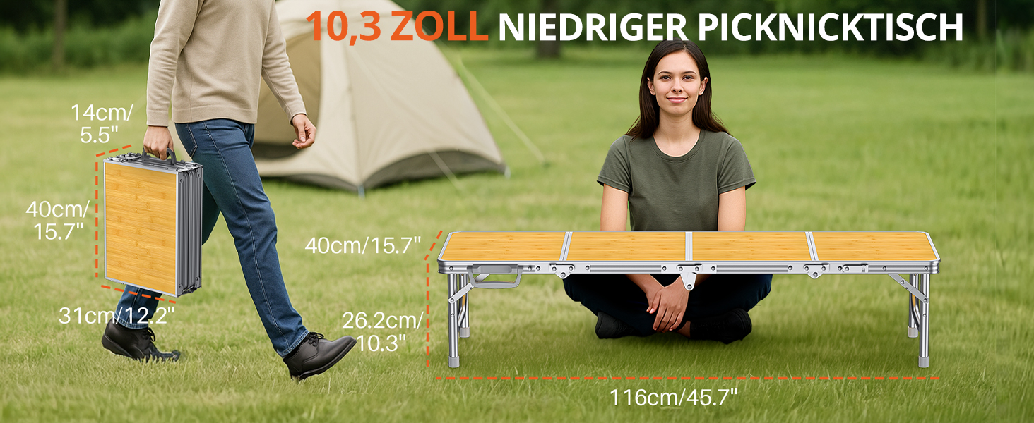 Складний кемпінговий стіл FUNYKICH 116x40x26 см, жовтий - алюмінієвий, MDF стільниця, з сумкою для перенесення