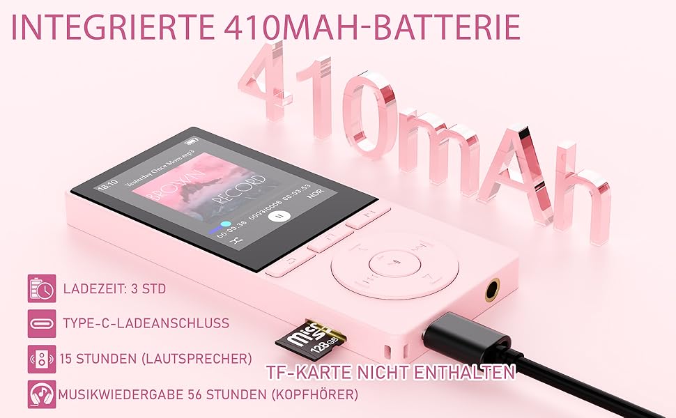 MP3 плеєр 64GB Bluetooth 5.3 з динаміком, HiFi звук, запис голосу, E-book, рожевий. Підтримка TF карти 128GB для спорту