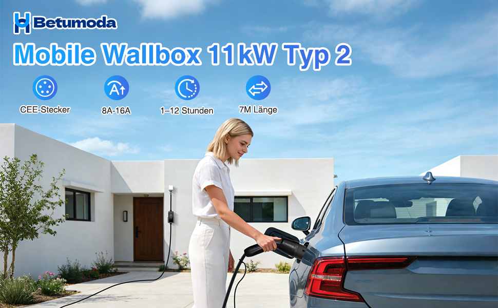 Настінний зарядний пристрій (Wallbox) 11 кВт, 3 фази, 8-16A, з регулюванням потужності, IP65 водонепроникний – для Tesla Model Y/3, VW ID.3/4/5, MG4, EX30 та всіх електромобілів/гібридів (7м)