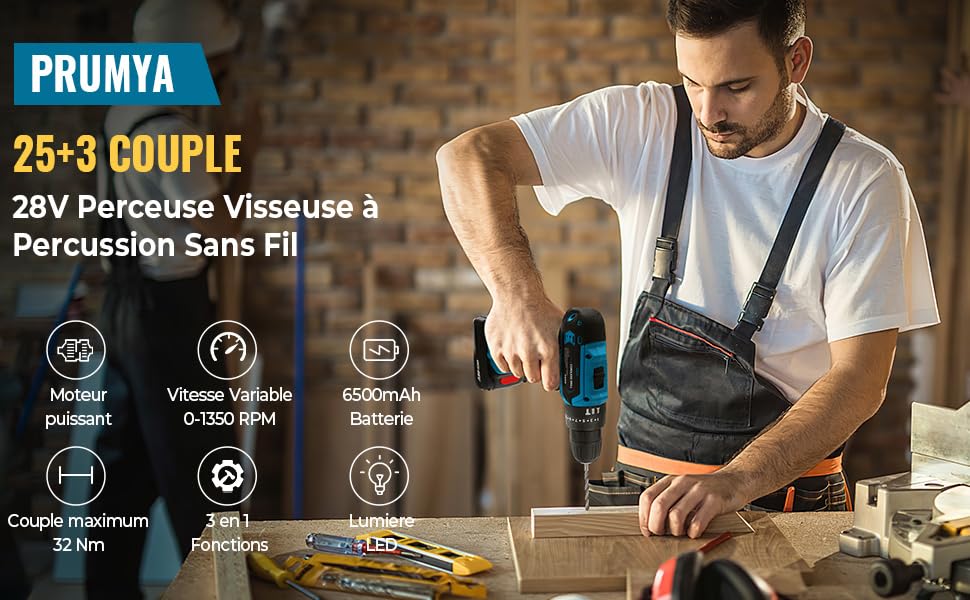 Акумуляторний дриль-шуруповерт 28V з 2 акумуляторами та аксесуарами для дому. 25+3 налаштування крутного моменту, LED-лампа