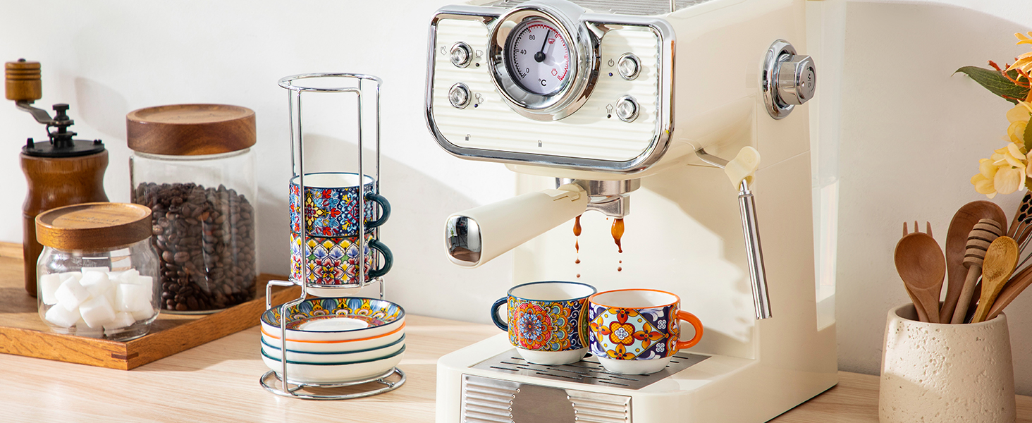 Набір чашок для еспресо Vancasso 4 шт., 150 мл SIMI, з підставками та стійкою, керамічні, для капучіно, еспресо, лате