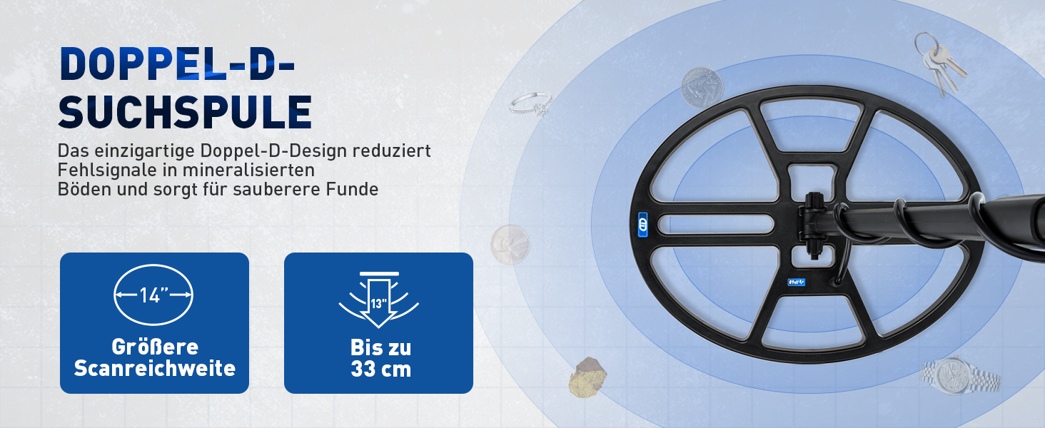 Професійний металошукач Metalldetektor Professional з водонепроникною DD-котушкою 14'' та широким діапазоном сканування, з функцією Pinpoint, глибиною виявлення 33 см, 4 режими, для дорослих, синій