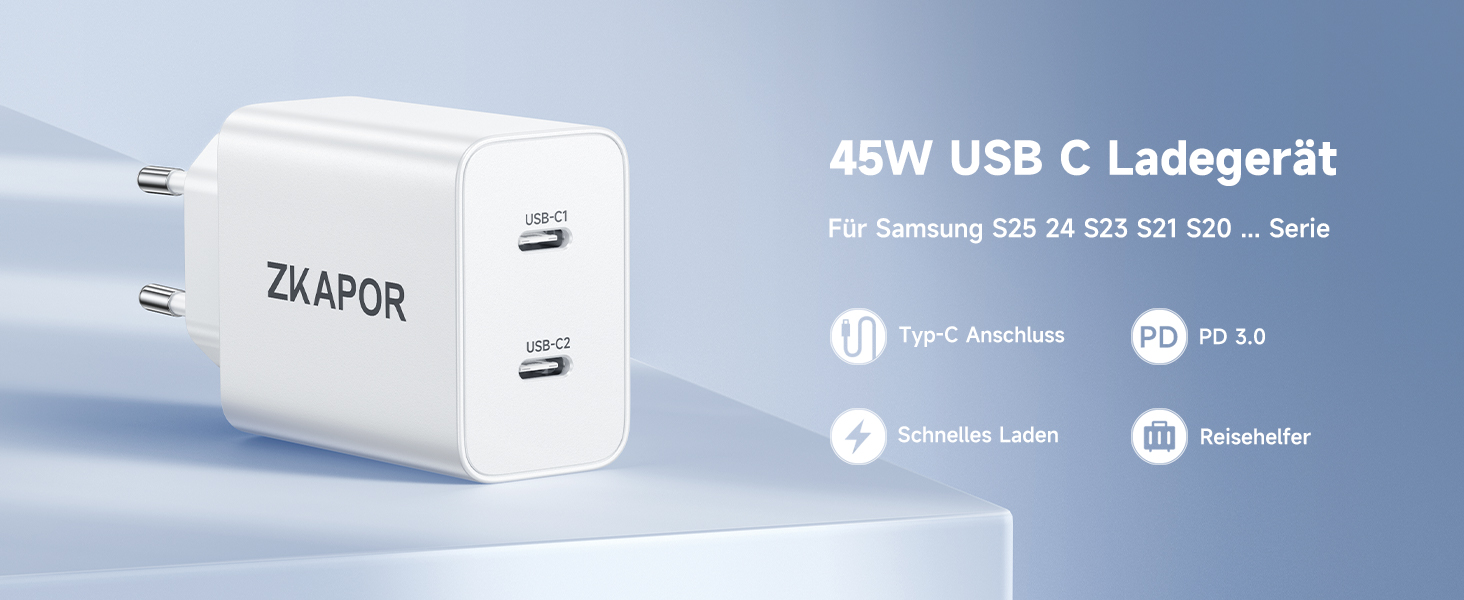 Мережевий зарядний пристрій ZKAPOR з USB-C, 4 порти, 45W, білий. Підходить для iPhone 16/15/14, Samsung Galaxy, Huawei, iPad.