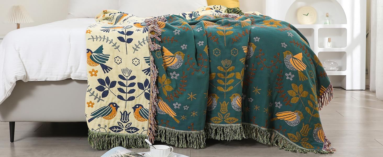 Двосторонній плед Boho 100% бавовна 200×230 см, мусліновий покривало для дивану, крісла та ліжка, м'який і затишний, синьо-бежевий
