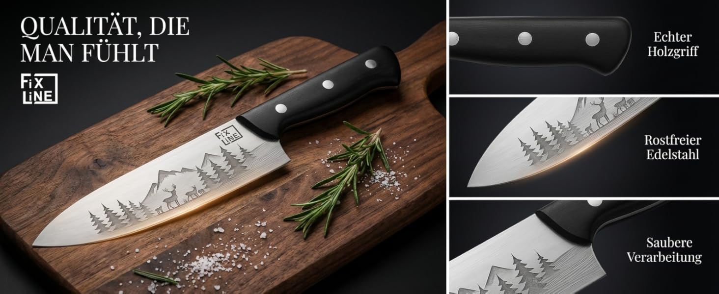 Ніж кухарський FIXLINE® Chefmesser 20 см BLACK FOREST Edition – професійний ніж для кухні, нержавіюча сталь, чорна дерев'яна ручка, подарункова упаковка