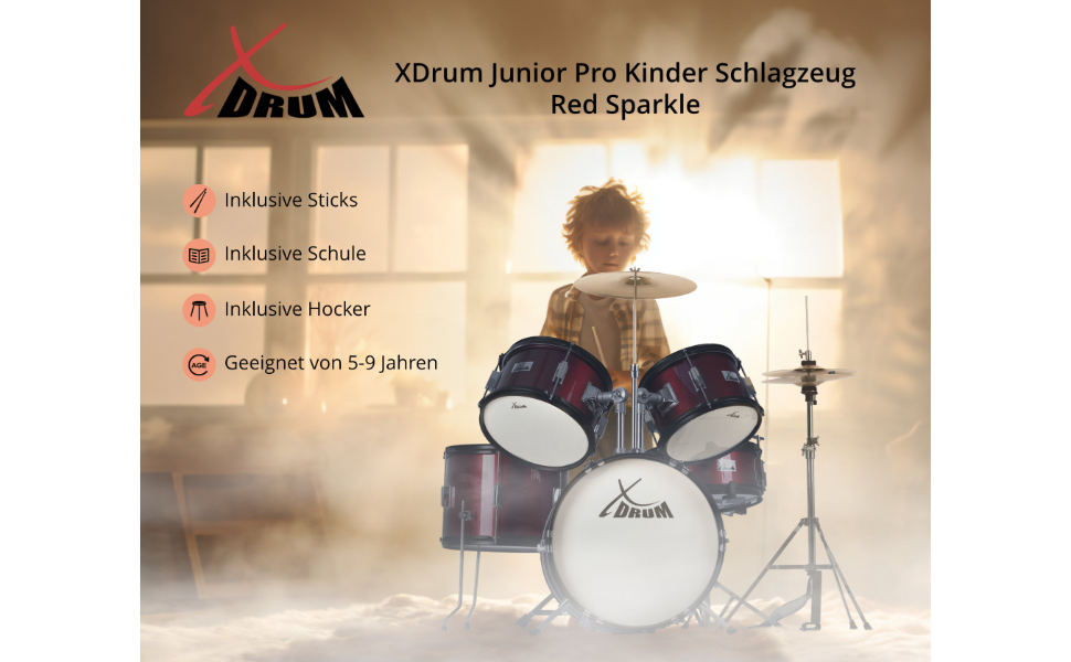 XDrum Junior Pro Kinder барабанний набір Red - для дітей 5-9 років, з аксесуарами та навчальним посібником