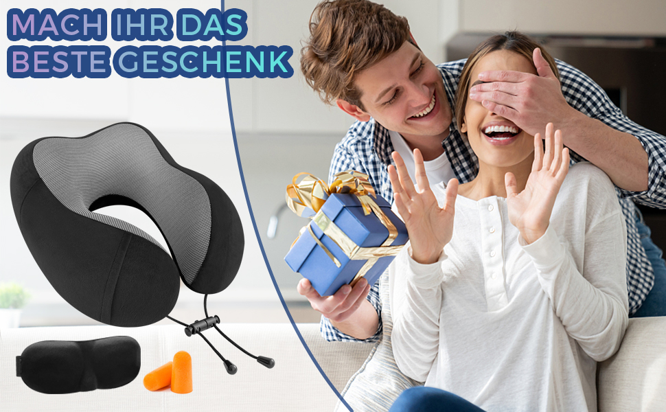 Подушка для шиї у літак CNMTCCO, регульована, з піною Memory Foam, ергономічна, з навушниками, маскою для очей, сумкою, для подорожей (літак, авто), чорна