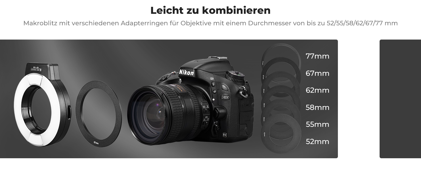 Кольцевий світловий прилад K&F Concept TTL для Nikon DSLR, GN 14, з AF-підсвічуванням та адаптерними кільцями