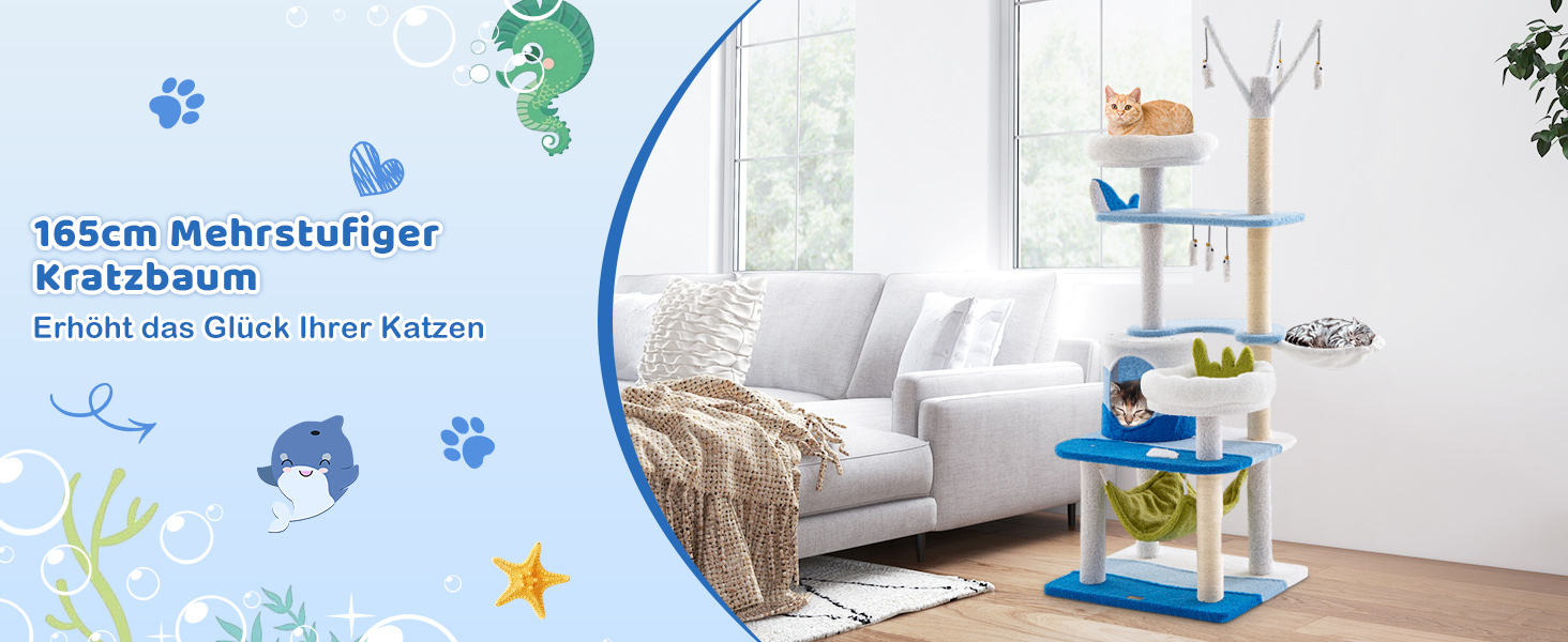 Кігтеточка для котів COSTWAY Ocean-серія з будиночком, гамаком та іграшками, блакитна (59x49x165 см)