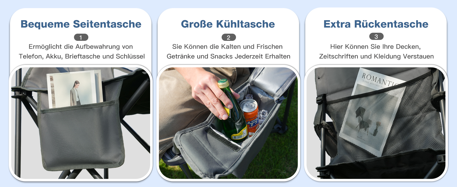 Розкладний стілець для кемпінгу RELAX FIELD 200KG з підстаканником та сумкою-холодильником, рибальський стілець, сірий (2 шт)