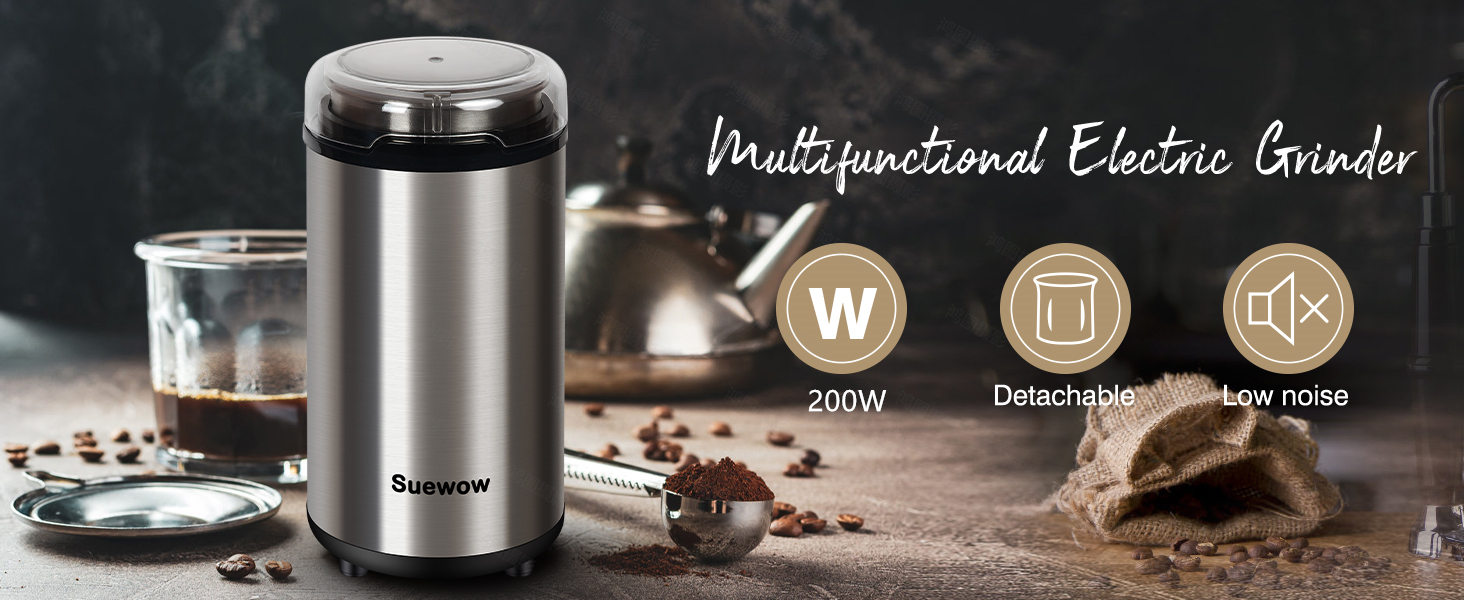 Електрична кавомолка Suewow: потужний 200W мотор, для кави, спецій, горіхів. Багатофункціональна, велика ємність (срібна)