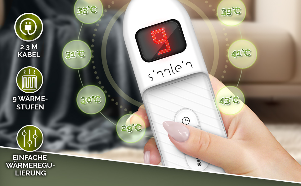 Електрична гріюча ковдра Sinnlein® з плюшу 200 x 180 см | 9 температурних режимів, таймер, автовимкнення, миється до 40°C, світло-сіра | Ковдра для сну та відпочинку