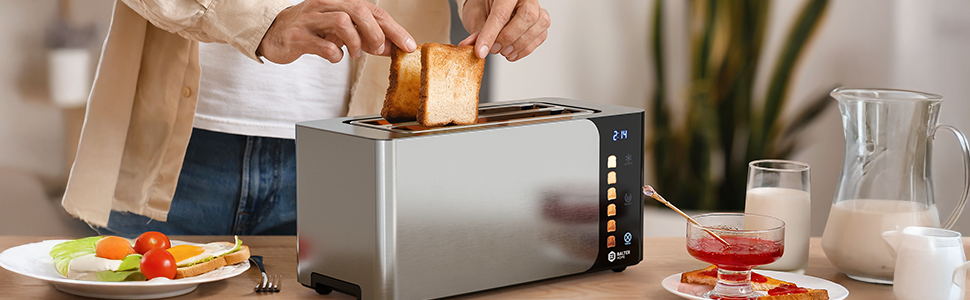 Тостер Balter 4 Scheiben з сенсорним керуванням, нержавіюча сталь, підставка для булочок, LCD дисплей, функція підігріву, центрування хліба, TS-34 (Ts-44-silber)