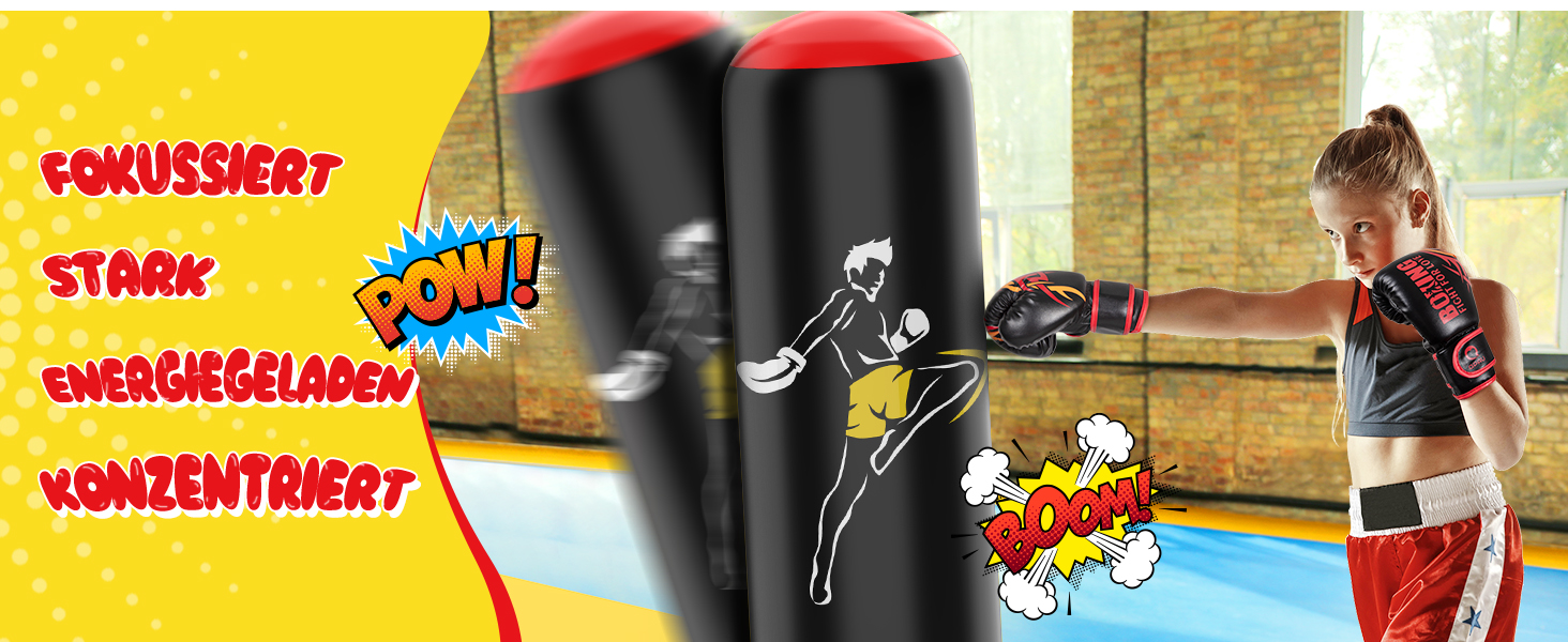 Дитячий боксерський мішок QPAU з рукавичками, надувний, 168 см, для хлопчиків та дівчаток 6-12 років, блакитний