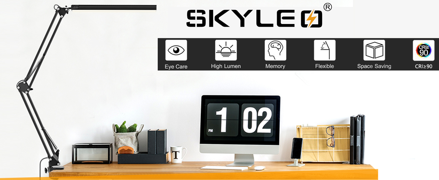SKYLEO Dimmable Desk Lamp with Clip - Eye Protection LED Desk Light - 3 Modes & 10 Brightness Levels - Black