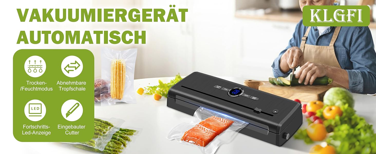 Вакуумний пакувальник KLGFI 7-в-1: професійний апарат для пакування продуктів з подвійною зварювальною швом, з нарізкою та цифровим лічильником. У комплекті 50 вакуумних пакетів. Чорний колір.