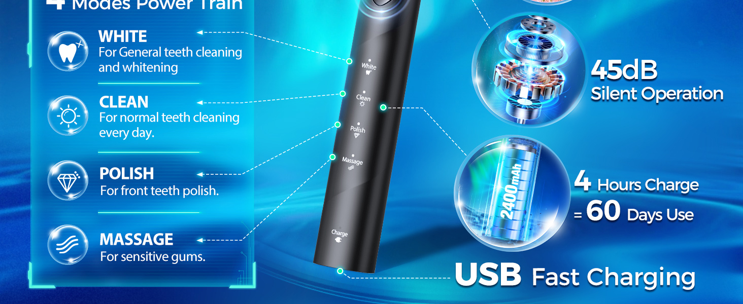 Електрична зубна щітка Rotierende для дорослих з 8 насадками, 4 режимами чищення, акумулятором на 60 днів та Smart-таймером на 2 хвилини - професійна електрична зубна щітка (чорна)