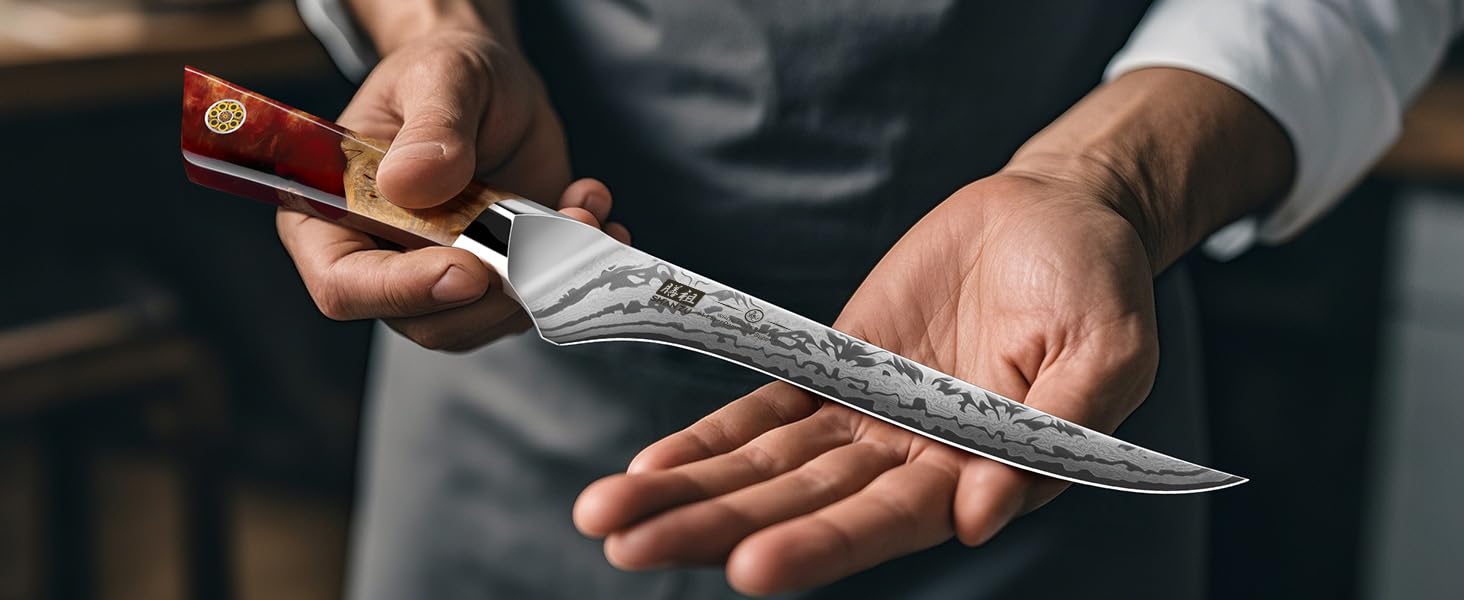 SHAN ZU Ніж кухарський з дамаску, 20 см, серія WHITE TIGER. Японський ніж з дамаску SG2, ручка з агатісу. Професійний ніж для кухні