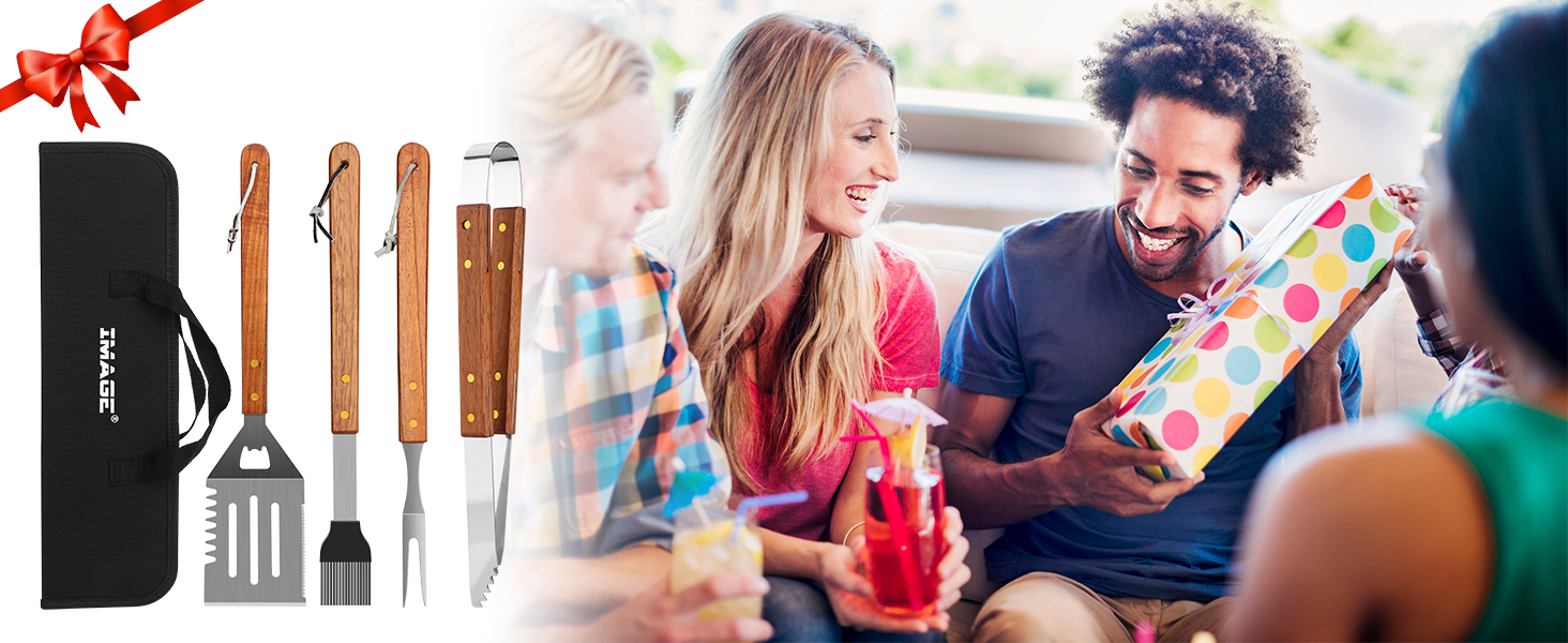 Набір аксесуарів для гриля 4 шт. з високоякісним гриль-посудом (щипці, лопатка, виделка, щітка та сумка) для приготування їжі на задньому дворі, кемпінгу та відпочинку на природі. Ідеальний подарунок для чоловіків.