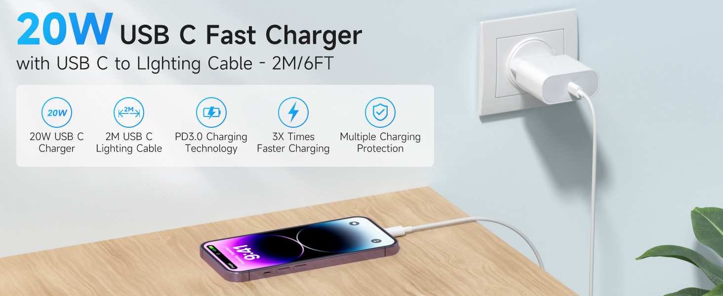 Зарядний пристрій 20W USB-C з кабелем Lightning для iPhone 14/13/12/11/X/XR/XS/Mini/SE - 2 шт, Швидка зарядка PD3.0, Білий