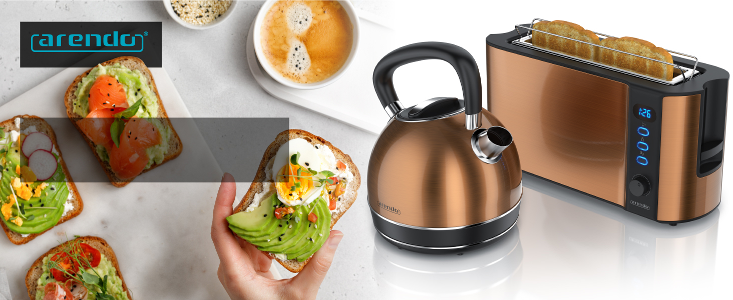 Набір чайник та тостер Arendo Kupferoptik: чайник 2200W, 1.7л, фільтр від накипу + тостер 2-шкісний з підігрівом для булок
