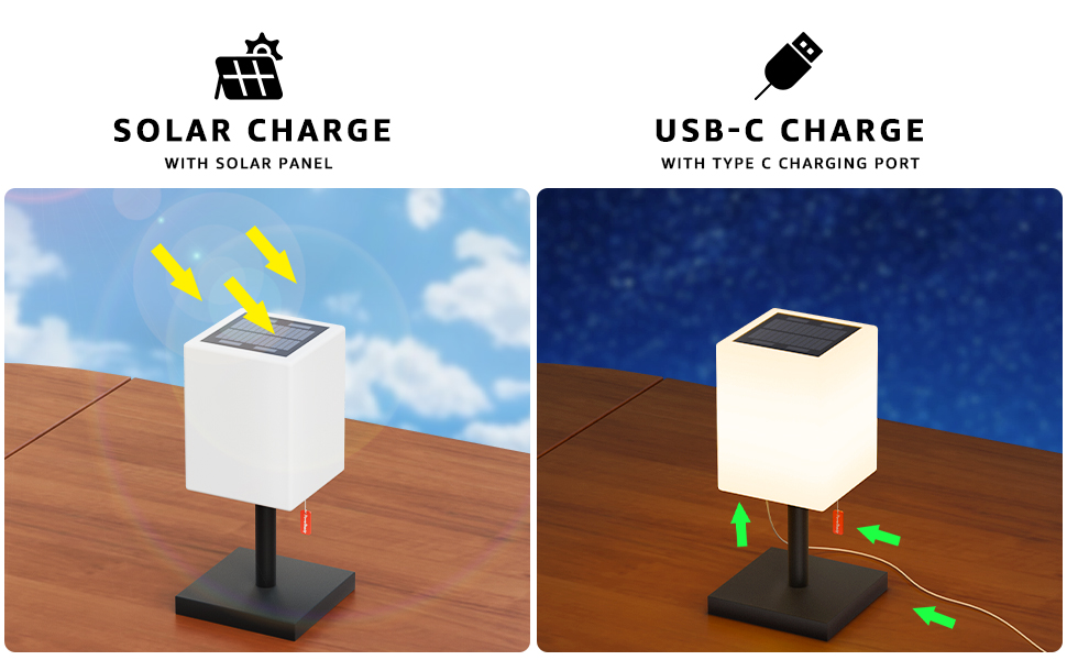 Світлодіодний солярний настільний світильник для вулиці 2-в-1, чорний - бездротовий, з сонячною зарядкою, 8 кольорів, для саду, кемпінгу та столу