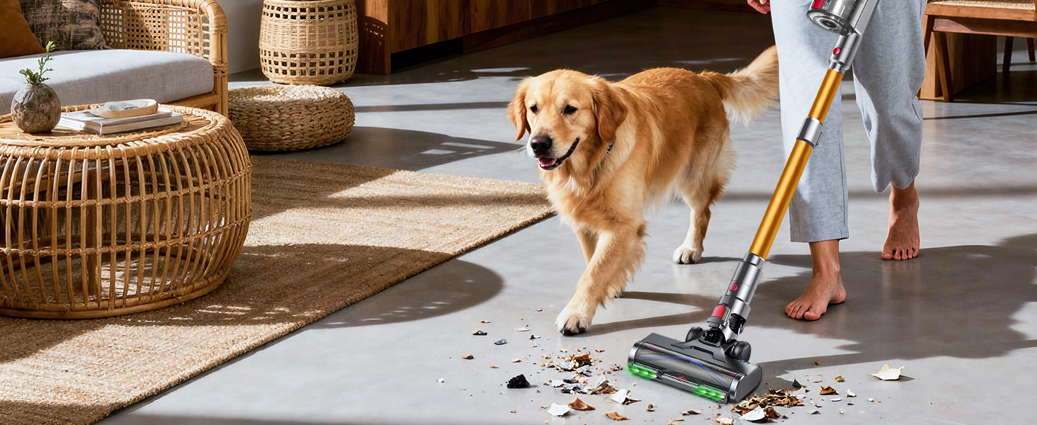 Бездротовий акумуляторний пилосос 58KPa/550W з LED-дисплеєм та антизаплутана щітка, 1.8L, для тварин, килимів, твердих поверхонь та авто, сірий & золотий