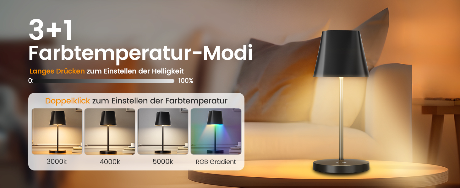 LED настільна лампа Quntis бездротова, торцева, з регулюванням яскравості, акумуляторна, USB, 3000K-5000K, IP44, для дому та вулиці, чорна (2, 3 колірні температури + RGB)