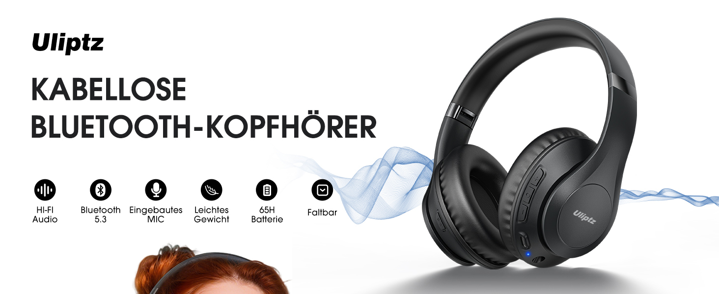 Бездротові навушники Uliptz Over-Ear Bluetooth з 65 годинами роботи, 6 EQ-режимів, HiFi стерео, складні, для подорожей/офісу/телефону/ПК (Чорний)