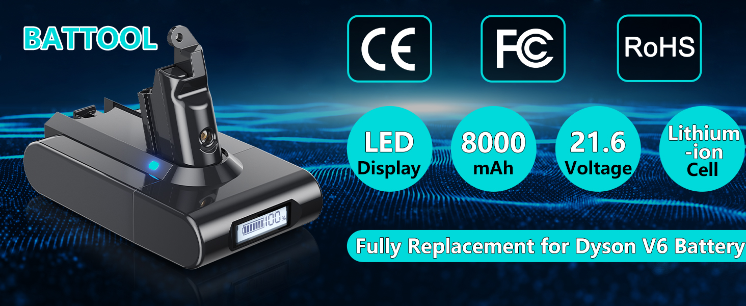 Запасний акумулятор 8000mAh V6 з LCD-дисплеєм для пилососів Dyson V6 DC58, DC59, DC61, DC62, DC72, DC74, SV03, SV05, SV06, SV07, SV09 (з 2 фільтрами)