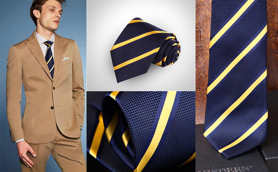 HISDERN Комплект краватки та нагрудного хустинки в смужку: темно-синій та сірий | Чоловіча краватка для весілля