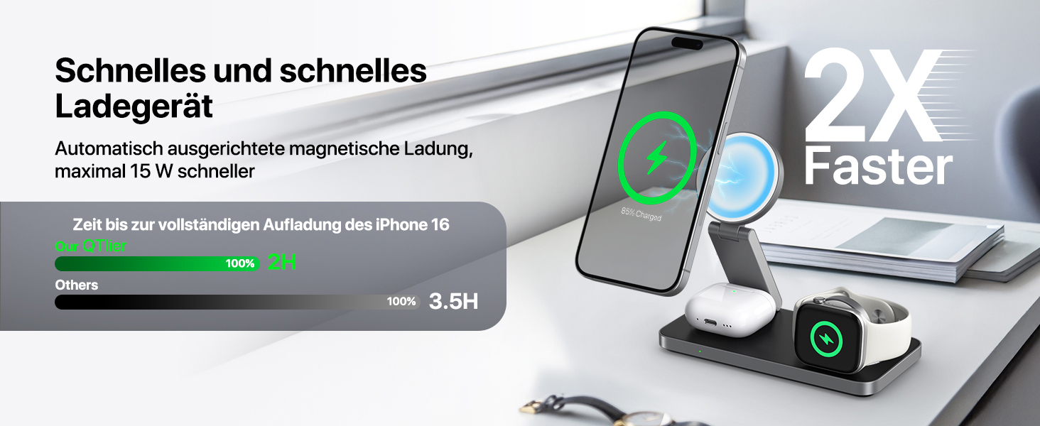 Бездротова зарядка Induktive з підтримкою MagSafe, 3 в 1 для iPhone 15/14/13/12, Apple Watch та AirPods (Чорний)